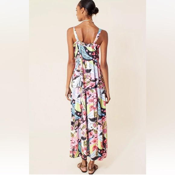 Hale Bob Elbise maxi Dress XS Tropical Floral Tiered Bow Button Down Colorful - Picture 2 of 15